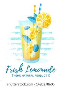 Banner with lemonade and striped circle shape. Vector illustration isolated on white background. Glass of fresh and natural summer drink with lemon slices, ice cubes and mint leaves.