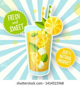 Banner with lemonade. Vector illustration with glass of fresh and natural summer drink with lemon slices, ice cubes and mint leaves on retro background.