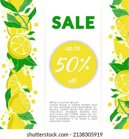 Banner with lemons, leaves and flowers. Great design for advertising citrus drink market, business for food stores. Corporate style for drinks and vegan food.