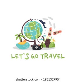 Banner let's go travel around the world. Globe, island, mountains, sneakers, traveler's camera. Postcard with travel items for a round-the-world flight. Vector cartoon flat illustration