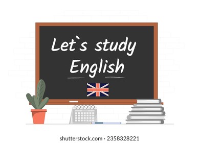 Banner con Let`s estudiar la frase en inglés escrita en el pizarrón, concepto educativo, concepto de cursos en inglés, ilustración vectorial