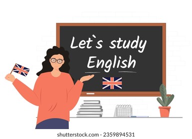 Cartel con Let`s estudie frase en inglés escrita en el pizarrón, Persona con la bandera británica en las manos, concepto educativo, concepto de cursos en inglés, ilustración vectorial