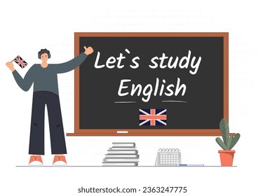 Banner with Let`s study English phrase written on the chalkboard, Person holding British flag in the hands, education concept, English language courses concept, vector illustration