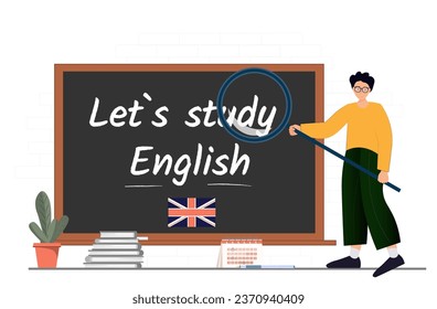 Banner with Let`s study English phrase written on the chalkboard, Person holding British flag in the hands, education concept, English language courses concept, vector illustration