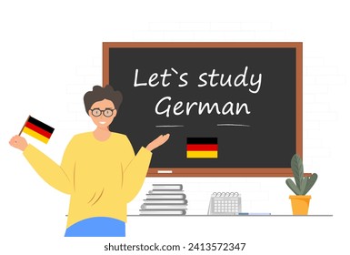 Banner mit Let`s studieren Deutschsprachige Phrase auf der Tafel, Person, die die deutsche Flagge in den Händen hält, Bildungskonzept, Konzept der deutschen Sprachkurse, Vektorgrafik