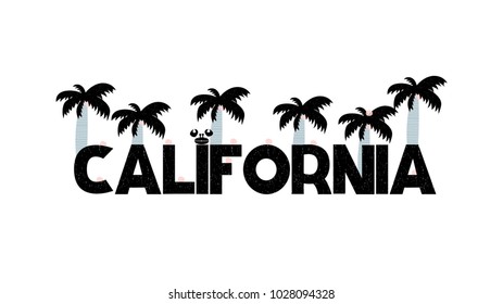 Banner with lettering california in scandinavian style. Vector illustration with decorative palms isolated on white background. Can be used as card, poster, banner, flyer, label, t-shirt print