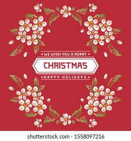 Banner lettering of christmas happy holiday, with modern leaf floral frame on red background. Vector