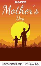 Banner with the lettering Happy Mother's Day. Silhouette of mother and son on background a mountain landscape and a sun.  A woman and a child of 5 years stand in a field. The woman hand up.