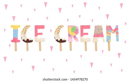 Banner lettering of ice cream with chocolate, fruit, nuts, kiwi, orange end triangle . Illustration in cartoon style on for menu, banner, flyer, poster.Vector