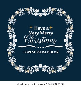 Banner lettering of very merry christmas, with design white floral frame on dark blue background. Vector