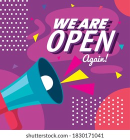 banner, lettering, estamos abiertos de nuevo con el diseño de ilustración de vector megaphone