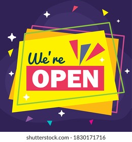 banner, lettering we are open on purple background vector illustration design