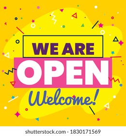 banner, lettering we are open welcome on yellow background vector illustration design