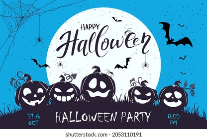 Banner with lettering Zombie Party on blue Halloween background with silhouette of  happy pumpkins and big Moon. Illustration for children's holiday design, cards, invitations, banners, templates