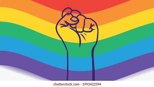Banner for LGBT pride. Clenched fist and LGBTQIA flag.  Colorful illustration with isolated vectors.