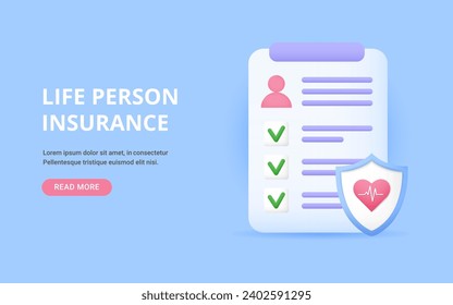 Banner life person insurance concept. Contract with sign shield heart. Life, medicine, protect, clinic, healthcare service. Vector in cartoon minimal style