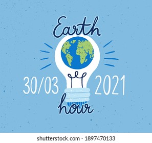 Banner With Lightbulb And Earth Hour Inscription For 2021 Planet Day. Light Bulb With Globe For Concept Of Saving Electric Energy. World Eco Day. Colored Flat Textured Vector Illustration