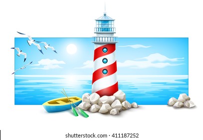 Banner lighthouse and boat rock stones island Sea sunset panorama, ocean skyline vector illustration Isolated on white background with island sky and seagulls