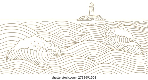 Banner with lighthouse and ocean waves, hand drawn linear background, Japanese style, abstract Asian landscape illustration in doodle style, wallpaper and branding