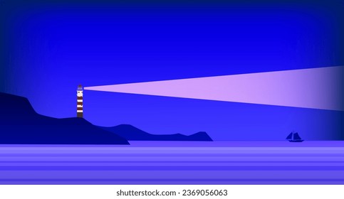 Banner Lighthouse tower, beacon on tropical seashore ocean with ray of light
