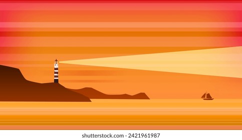 Banner Lighthouse tower, beacon on tropical seashore ocean with ray of light