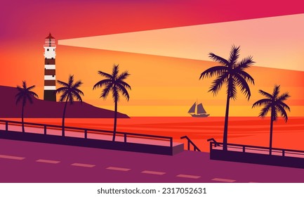 Banner Lighthouse tower, beacon, road tropical seashore ocean