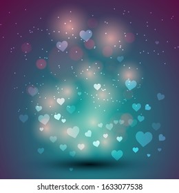 Banner with lights and hearts for Valentine's Day. Purple, blue, pink. Bright pattern. Vector illustration.