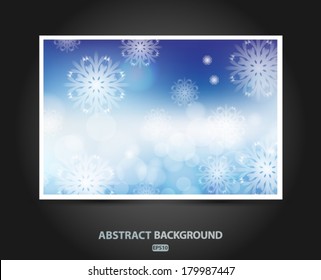 Banner lights on blue background bokeh effect. Winter background with snowflakes.Vector EPS 10 illustration.