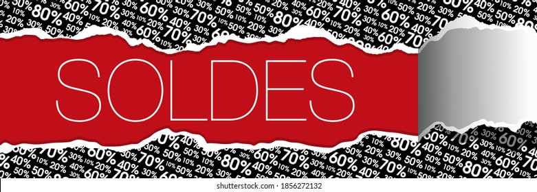 Banner like a poster with the design of percentage of price reduction is torn to reveal the word sales - english text, translation: sales.