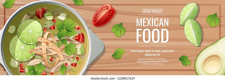 Banner with lime soup, tomatoes and cilantro. National Mexican food. Tasty and healthy food, cooking, menu. Online food order