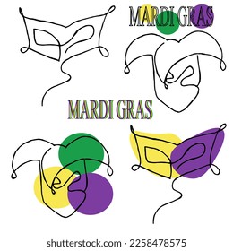 Banner with line art mardi gras mask on white background with inscription. Colorful carnival backdrop. Parsley and Harlequin Mask. Set of holiday mardi gras symbol.