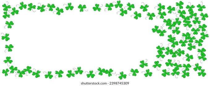 Banner with line art shamrocks leaf on white background. Background for St. Patrick's Day with outline clover leaves