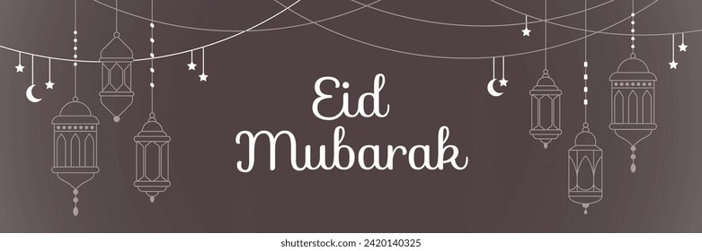 Banner line style para Eid Mubarak. Sobre un fondo de color oscuro con linternas, estrellas, un mes y caligrafía. Ilustración vectorial simple