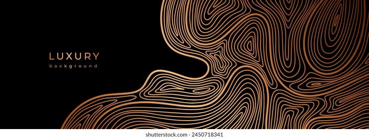 Banner with line topography map. Luxury banner with wave pattern. Flowing liquid texture. Wavy golden design. Bronze curves. Black background with gold lines. Geometric rippled surface.