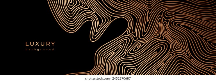 Banner with line topography map. Wavy golden design. Luxury banner with wave pattern. Flowing liquid texture. Bronze curves. Black background with gold lines. Geometric dynamical rippled surface.