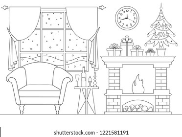 Banner with a linear Christmas interior. Vector greeting card for the new year in the outline style. Vector illustration.