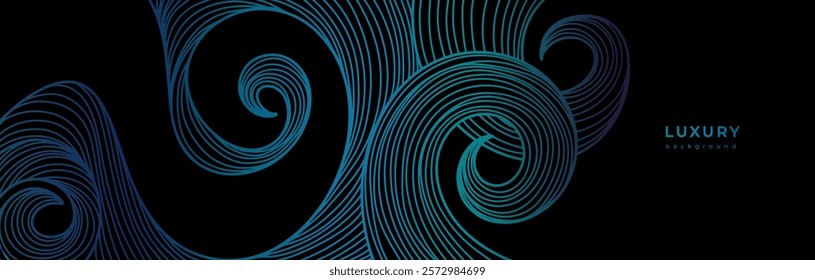 Banner with linear waves. Shiny blue waves on black background. Swirl pattern. Curved lines. Horizontal template with water texture