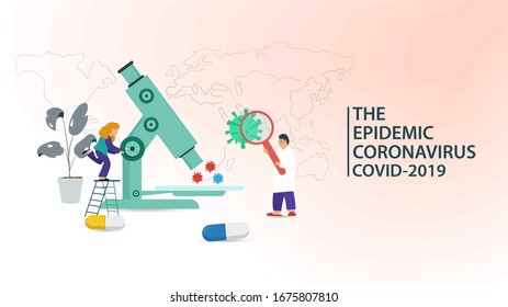 banner, little people doctors, study diseases virus, COVID-2019, 2019-nCoV, under a microscope and magnifying glass, to create a medicine, against the background of a world map, flat vector