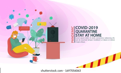 banner, little people in a mask, sitting in a chair and watching TV, in quarantine, among the COVID-2019 molecules, the 2019-nCoV virus, flat vector illustration