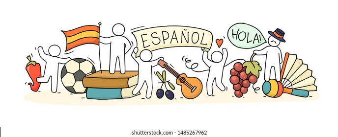 Banner with little people and spanish symbols. Doodle cute miniature of teamwork and learning icons. Hand drawn cartoon vector illustration for school subject design. Spanish and Hello