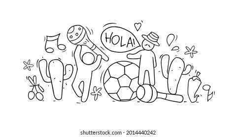 Banner with little people and spanish symbols. Doodle cute miniature of teamwork and lifestyle icons. Hand drawn cartoon vector illustration for national spain design.