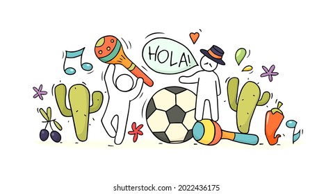 Banner with little people and spanish symbols. Doodle cute miniature of teamwork and lifestyle icons. Hand drawn cartoon vector illustration for national spain design.
