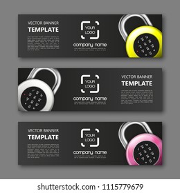Banner lock background. Modern template vector lock design. Vector padlock design web banner template. Web Header padlock Elements. Abstract banner template background. Collection lock banner design
