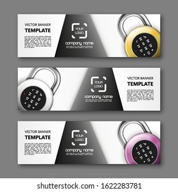 Banner lock background. Modern template vector lock design. Vector padlock design web banner template. Web Header padlock Elements. Abstract banner template background. Collection lock banner design
