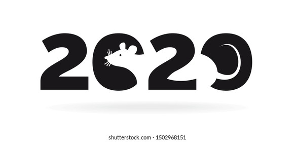 Banner Logo 2020 happy new year, Christmas. Vector flat illustration with a silhouette image of a mouse. The rat is the talisman of the eastern calendar.