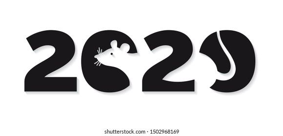 Banner Logo 2020 happy new year, Christmas. Vector flat illustration with a silhouette image of a mouse. The rat is the talisman of the eastern calendar.