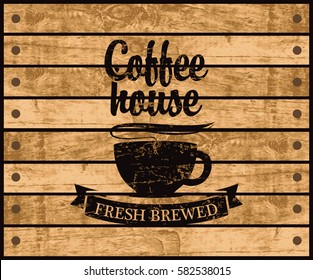 Banner With The Logo Of The Coffee House With A Pattern Cup On A Background Wooden Planks