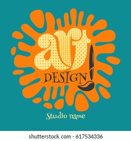 Banner or logo for design studio, artwork and album. The brush, letter composition and paint on the background with color blots. Useful for covers, posters, cards, presentations.