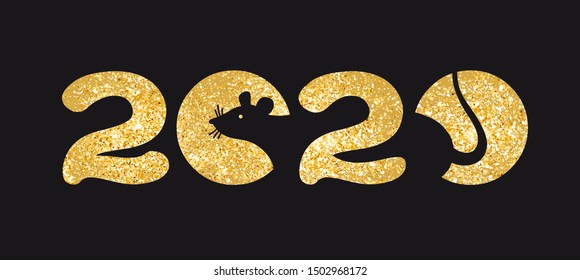 Banner Logo Gold 2020 glücklich neues Jahr, Weihnachten. Vektorflache Illustration mit einem Silhouettenbild einer Maus. Die Ratte ist der Talisman des östlichen Kalenders.