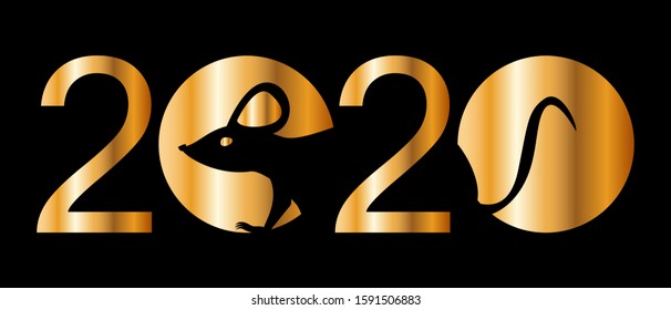 Banner Logo gold 2020 Happy New Year. Vector illustration  silhouette of a flat mouse